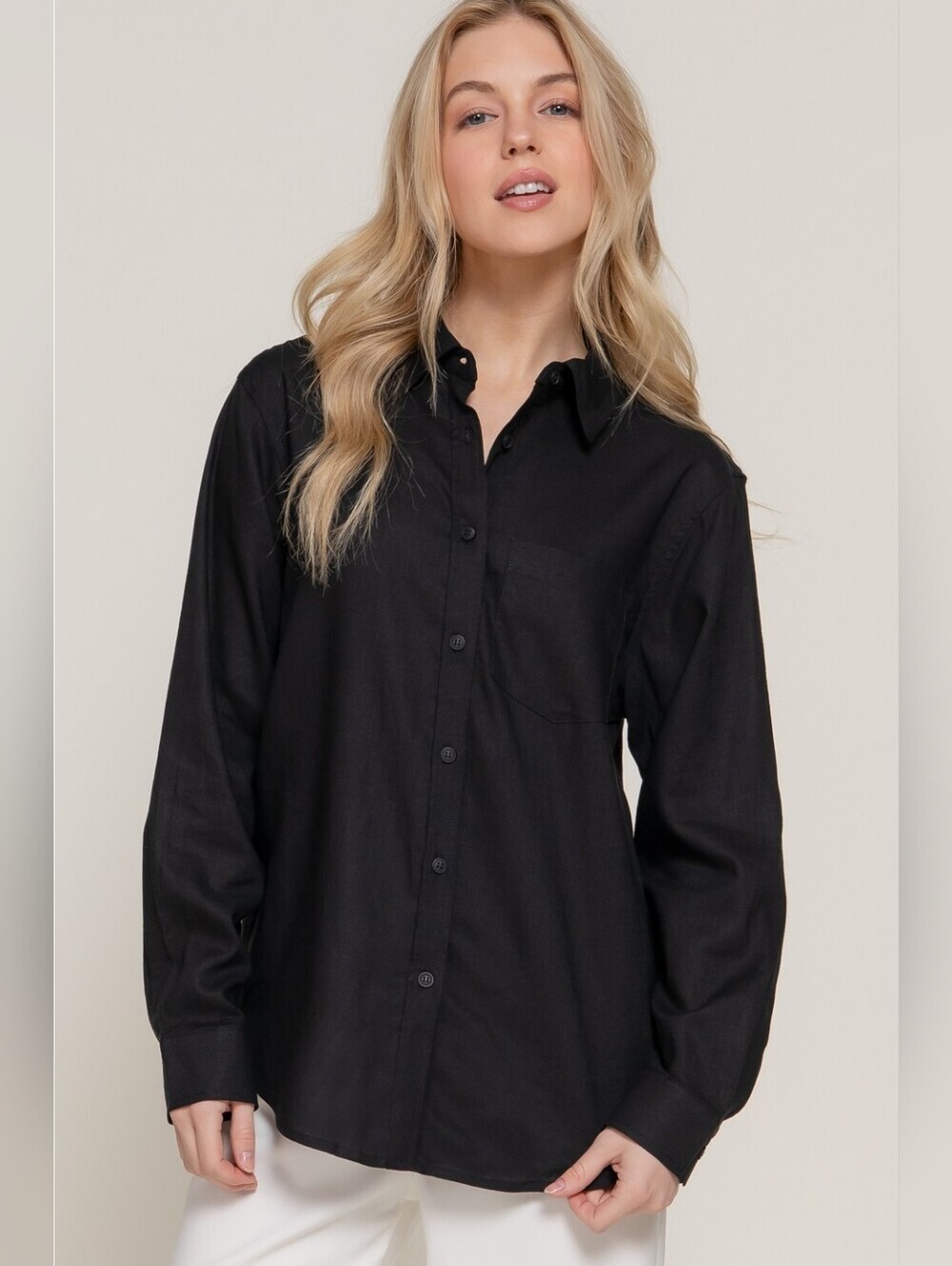 Active USA Long Sleeve Black Linen Button Front Collared Dress Shirt